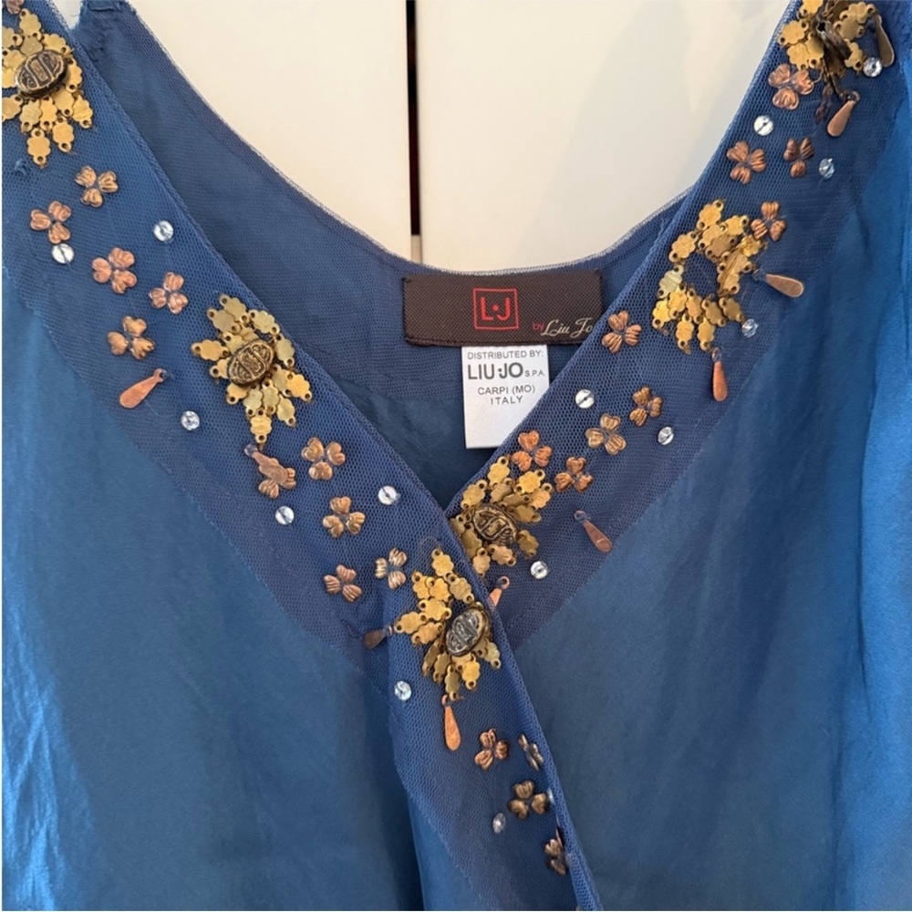 Liu Jo Blue Embellished Sleeveless Wrap Blouse size Medium 100% silk